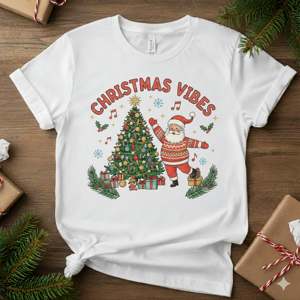 Retro Holiday Style: Dancing Santa Christmas T-Shirt